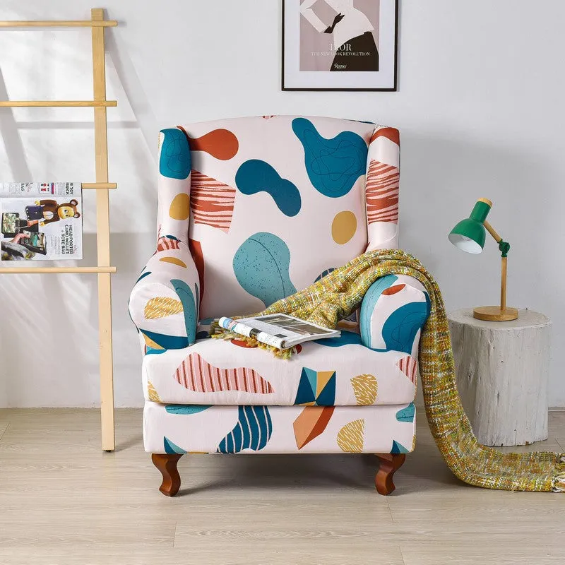 2 Pieces Stretch Pattern Wingback Chair Cover