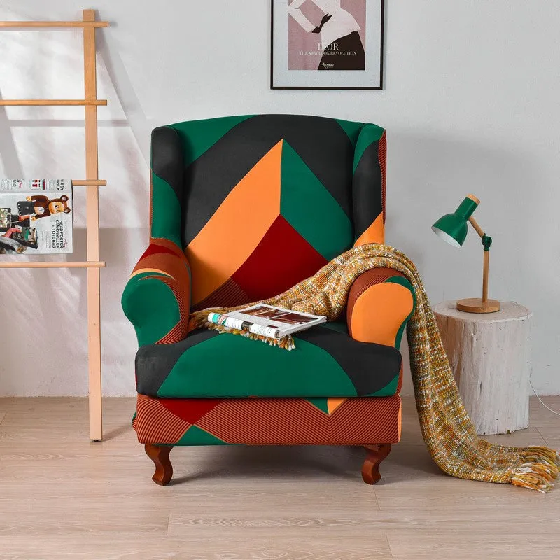 2 Pieces Stretch Pattern Wingback Chair Cover