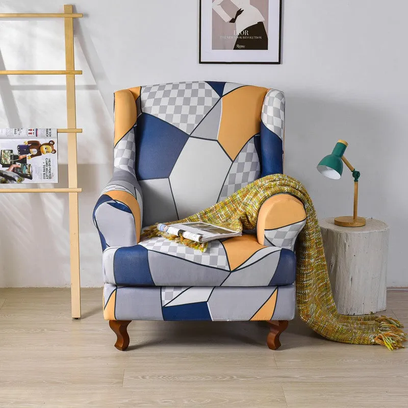 2 Pieces Stretch Pattern Wingback Chair Cover
