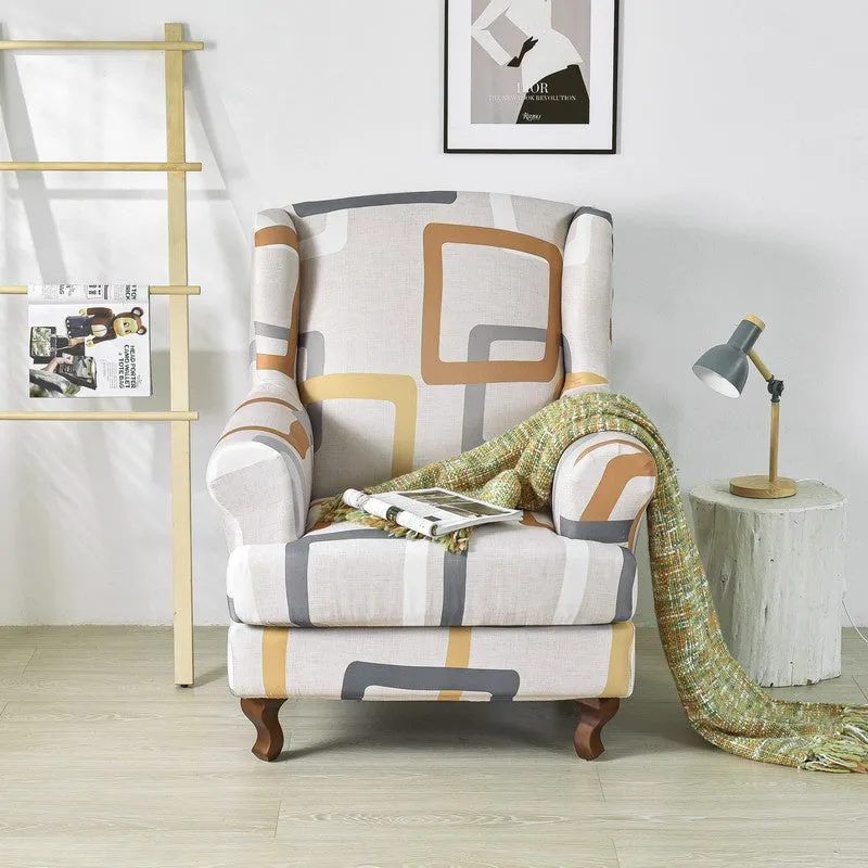 2 Pieces Stretch Pattern Wingback Chair Cover