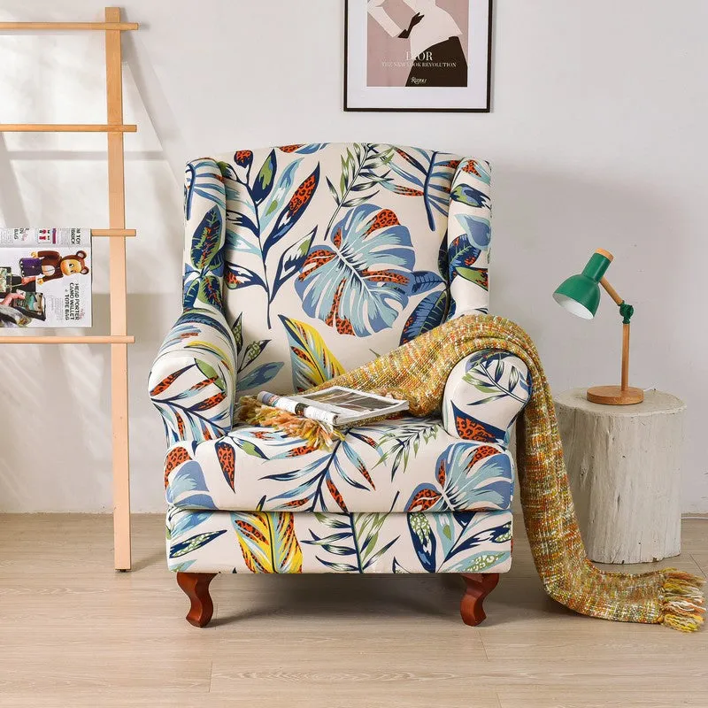 2 Pieces Stretch Pattern Wingback Chair Cover