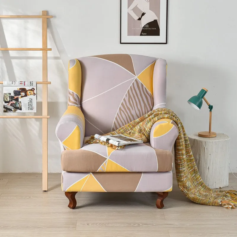 2 Pieces Stretch Pattern Wingback Chair Cover