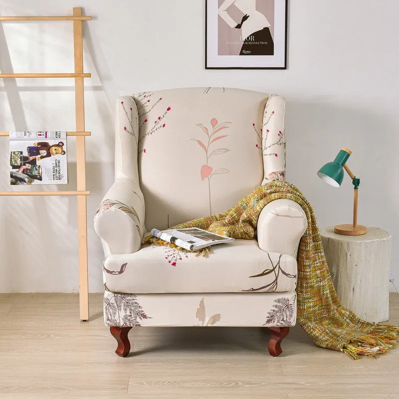 2 Pieces Stretch Pattern Wingback Chair Cover