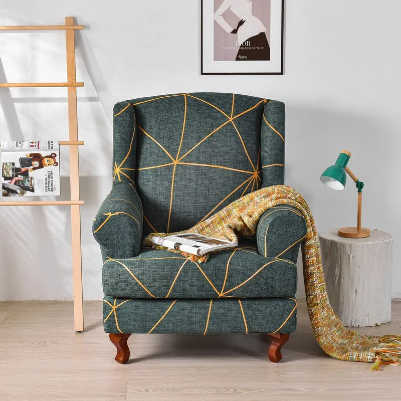 2 Pieces Stretch Pattern Wingback Chair Cover