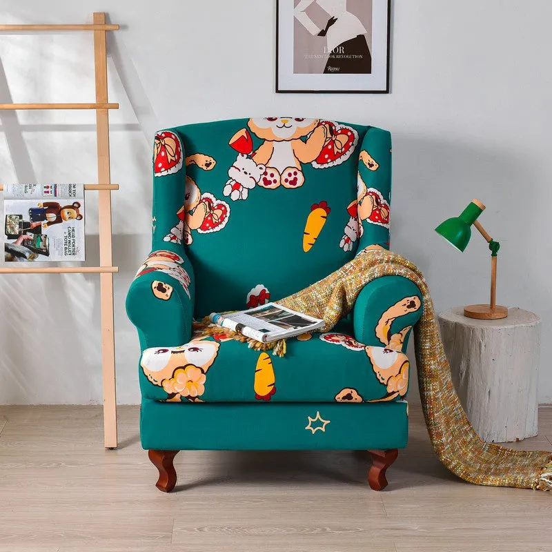 2 Pieces Stretch Pattern Wingback Chair Cover