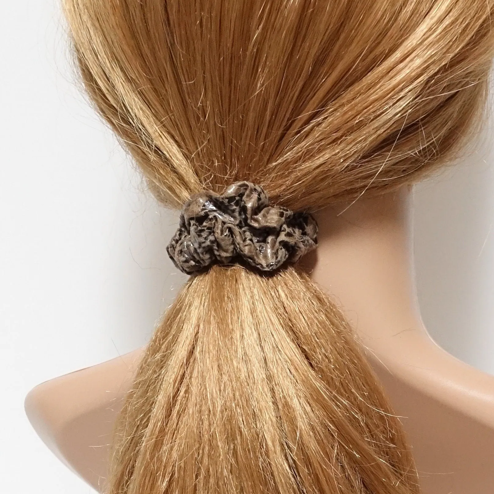 a set of 4 thin faux leather scrunchies stylish hair tie ponytail holder pack for women
