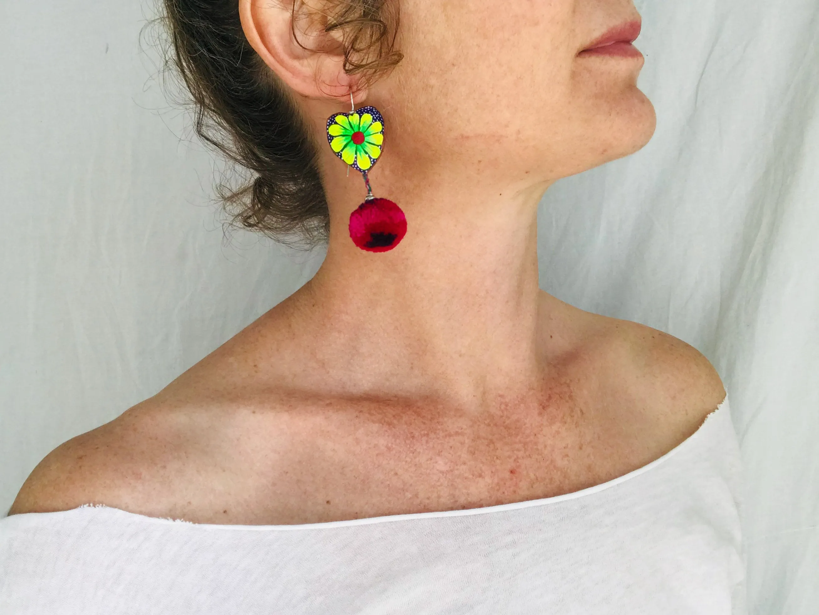 Alebrije Heart & Pompom Earrings. Sterling Silver. Oaxaca, Mexico.