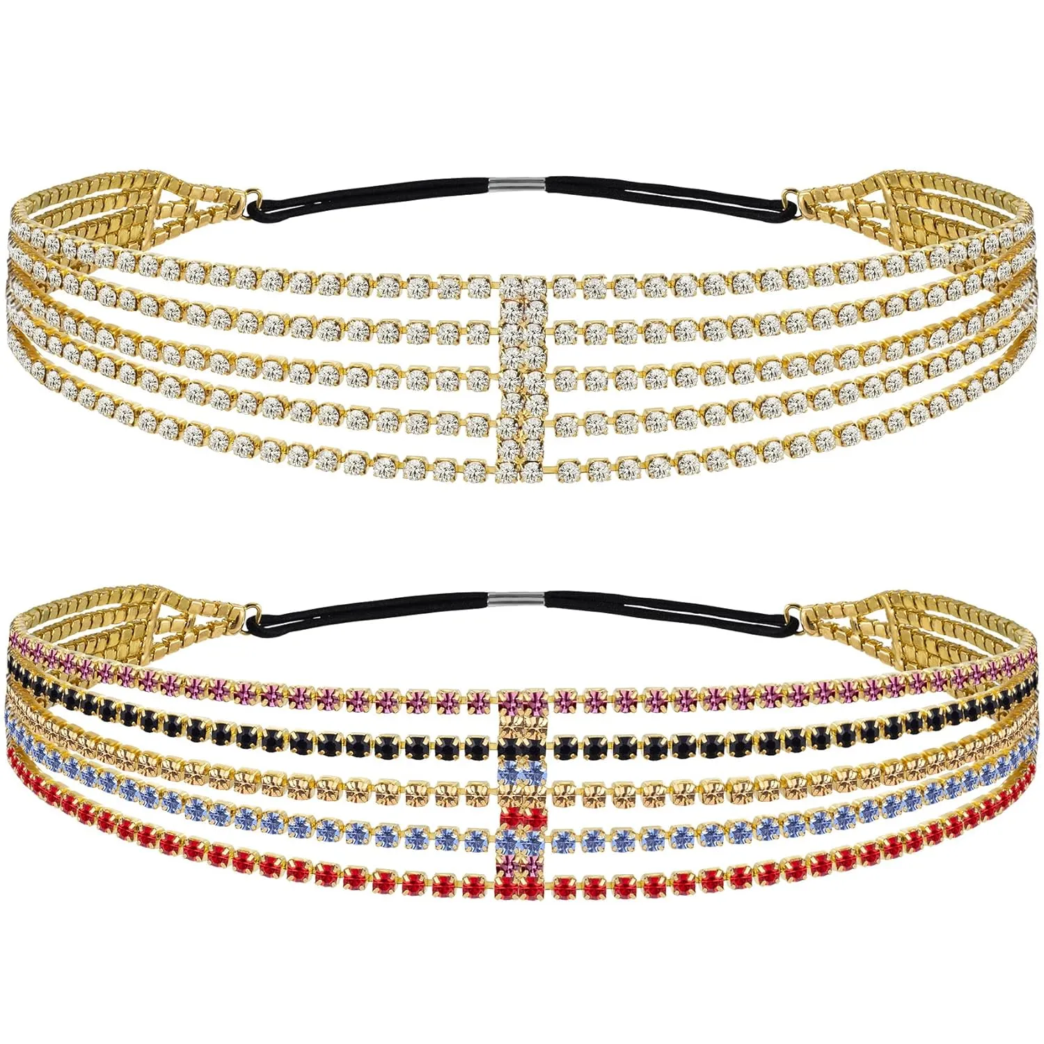 ANCIRS 2 Pack Multi Layered Elastic Headband for Women, Adjustable Rhinestone Bridal Headpieces, Stretchy Crystal Jewelry Hair Bands Accessories for Girls