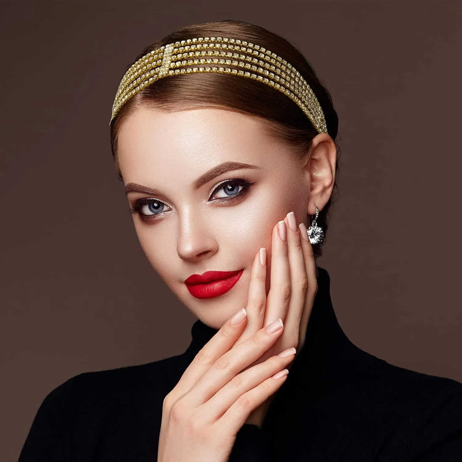 ANCIRS 2 Pack Multi Layered Elastic Headband for Women, Adjustable Rhinestone Bridal Headpieces, Stretchy Crystal Jewelry Hair Bands Accessories for Girls