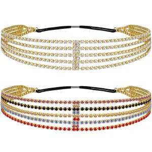ANCIRS 2 Pack Multi Layered Elastic Headband for Women, Adjustable Rhinestone Bridal Headpieces, Stretchy Crystal Jewelry Hair Bands Accessories for Girls