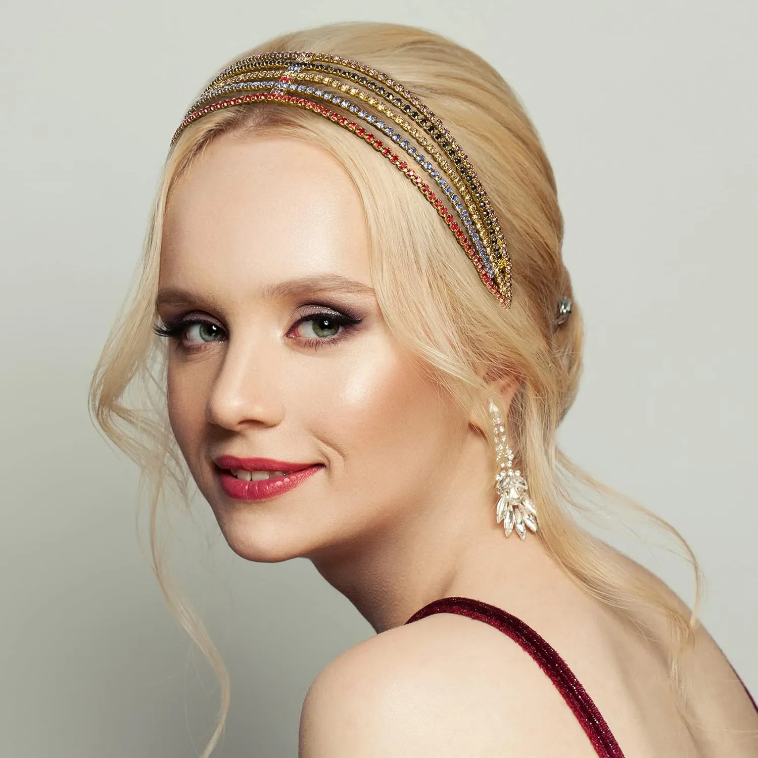 ANCIRS 2 Pack Multi Layered Elastic Headband for Women, Adjustable Rhinestone Bridal Headpieces, Stretchy Crystal Jewelry Hair Bands Accessories for Girls