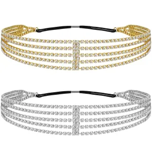 ANCIRS 2 Pack Multi Layered Elastic Headband for Women, Adjustable Rhinestone Bridal Headpieces, Stretchy Jewelry Hair Bands Accessories for Girls- Gold & Silver
