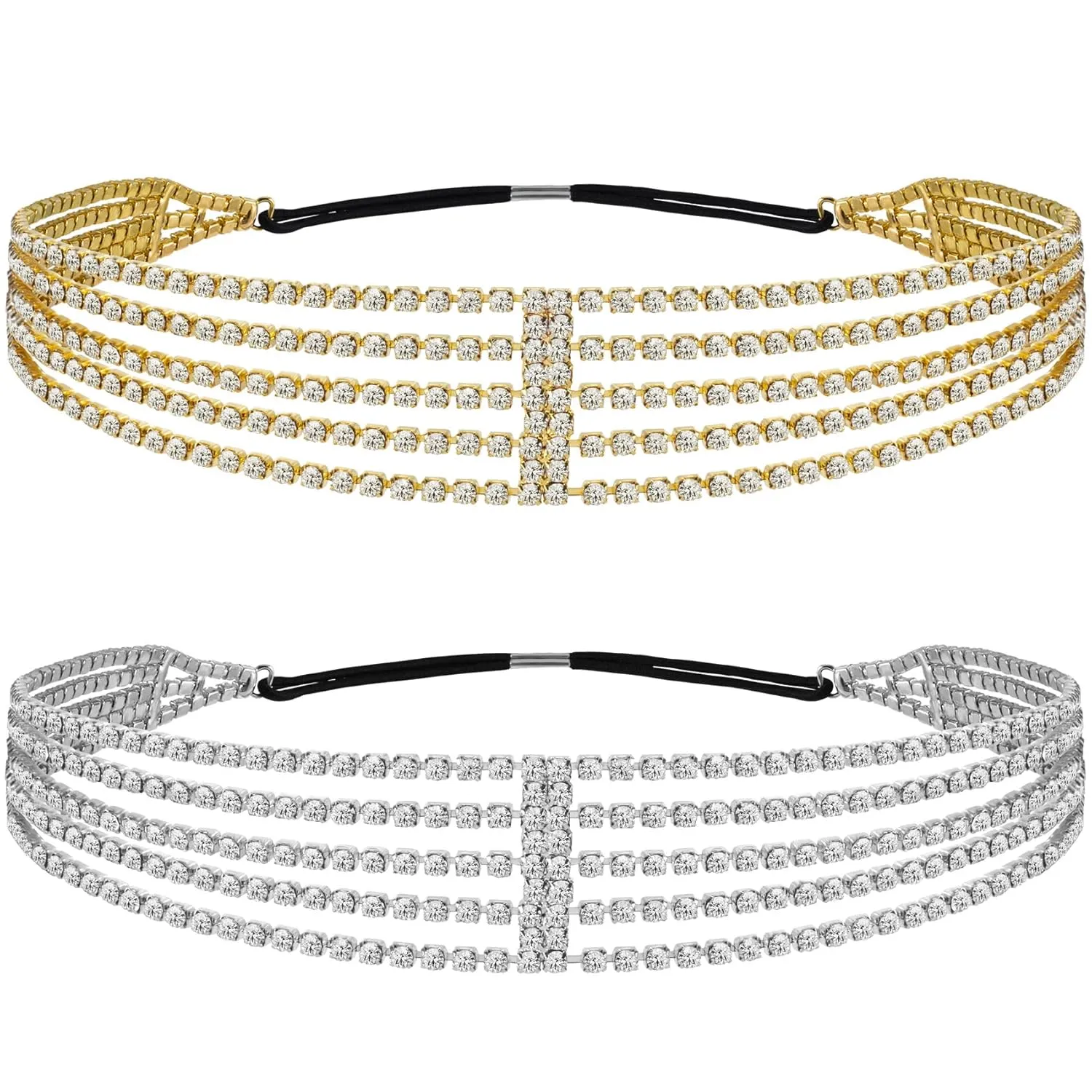 ANCIRS 2 Pack Multi Layered Elastic Headband for Women, Adjustable Rhinestone Bridal Headpieces, Stretchy Jewelry Hair Bands Accessories for Girls- Gold & Silver