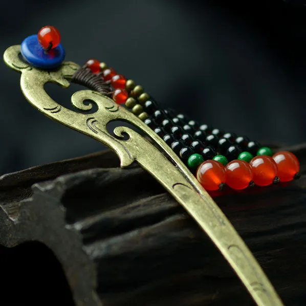 Antique Brass Finish Phoenix Style Hair Stick w/ Agate & Beaded Tassels