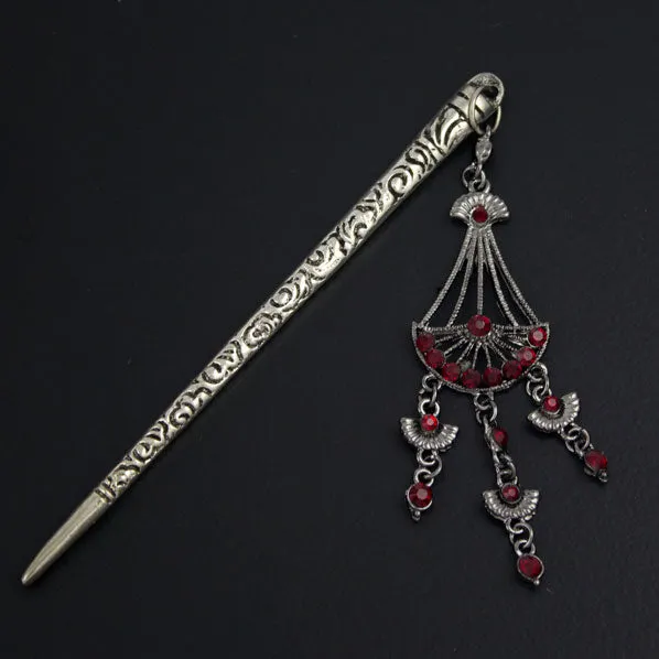 Antique Style Silver-Plated Hair Stick w/ Rhinestone Tassel Red