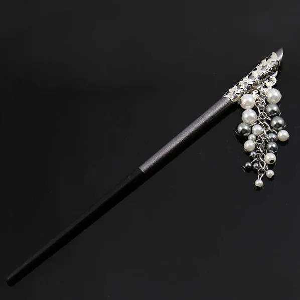 Black and Silver Chopstick Hairstick with Faux Pearls Tassels