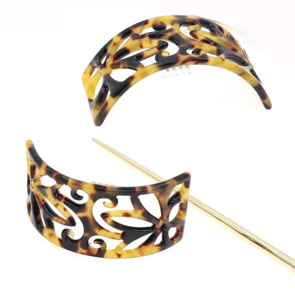 Cellulose Acetate Rectangle Floral Pattern Bun Cover and Hair Stick 2-pc Set