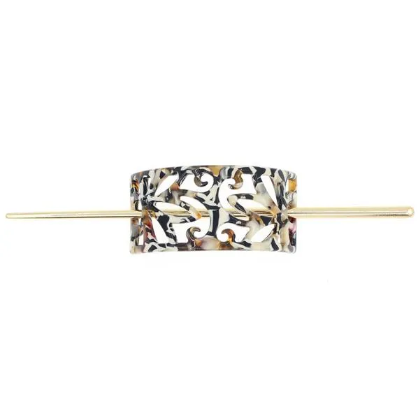 Cellulose Acetate Rectangle Floral Pattern Bun Cover and Hair Stick 2-pc Set