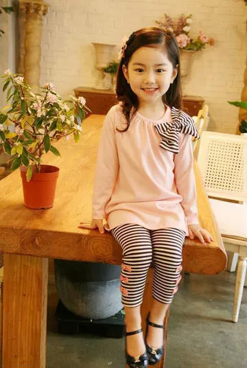 Chic Striped Bow Tie T-shirt and Leggings Set for Girls