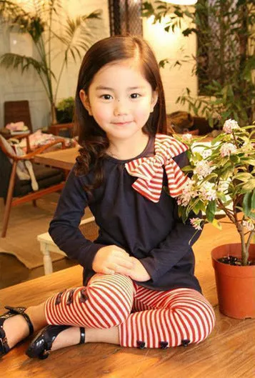Chic Striped Bow Tie T-shirt and Leggings Set for Girls