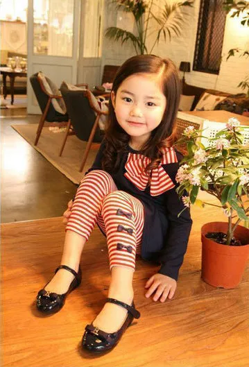 Chic Striped Bow Tie T-shirt and Leggings Set for Girls
