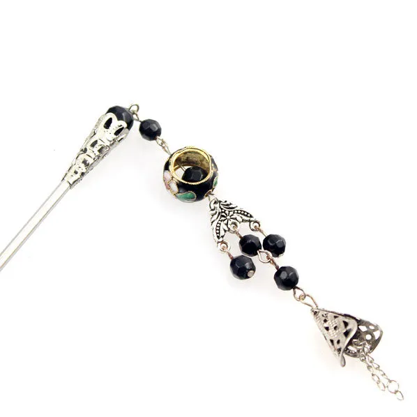 Cloisonne Bead Hair Stick with Tassels 5.25"