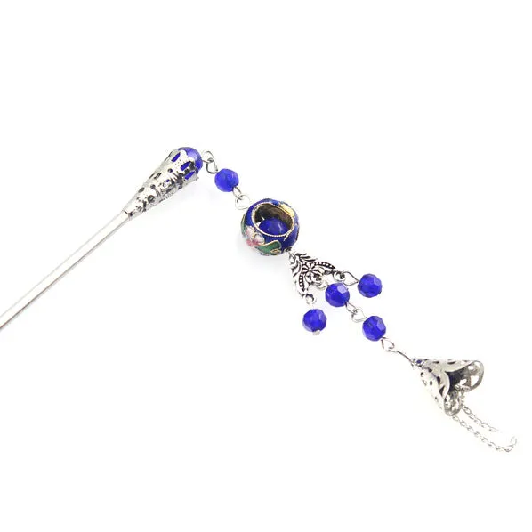 Cloisonne Bead Hair Stick with Tassels 5.25"
