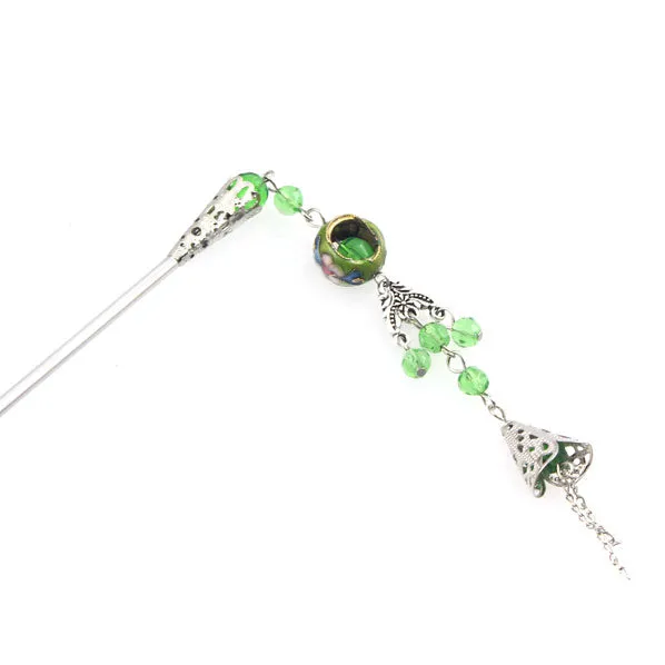 Cloisonne Bead Hair Stick with Tassels 5.25"
