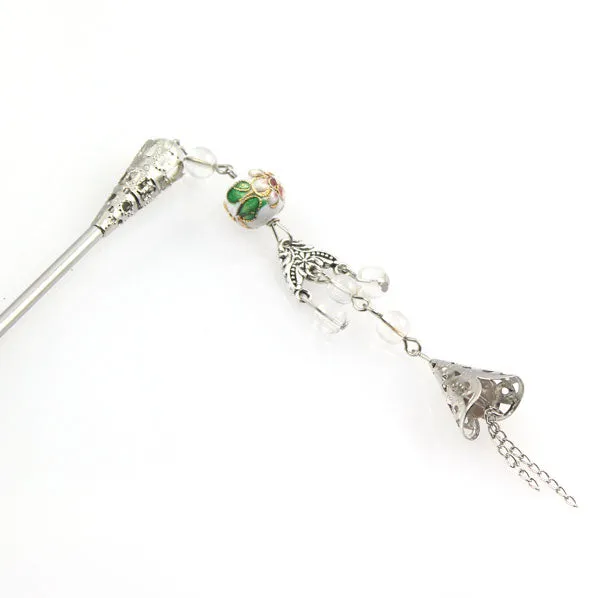 Cloisonne Bead Hair Stick with Tassels 5.25"