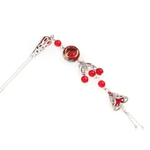Cloisonne Bead Hair Stick with Tassels 5.25"