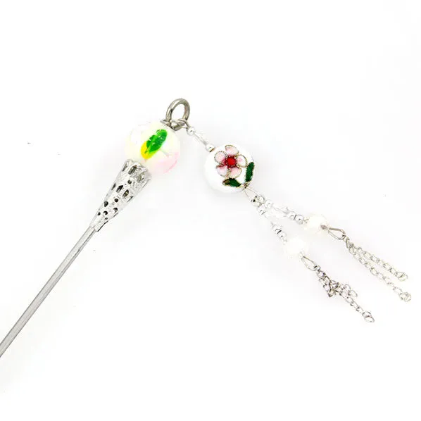 Cloisonne Bead Hair Stick with Tassels 7"