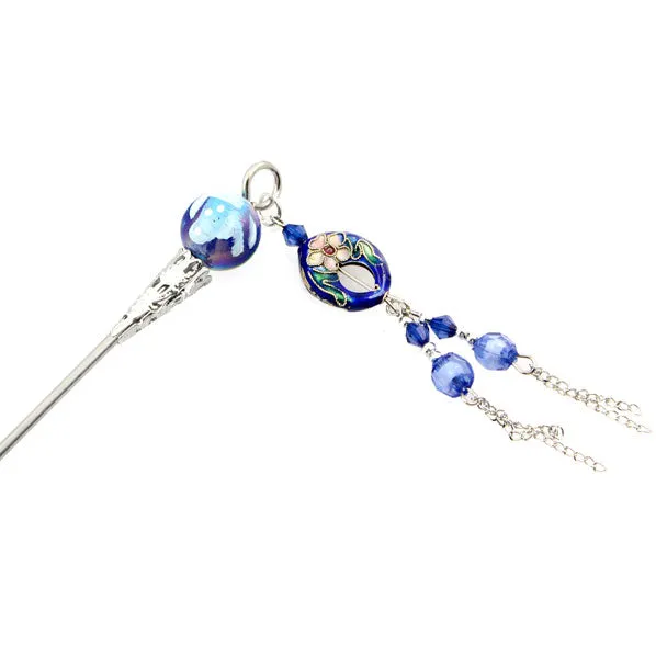 Cloisonne Bead Hair Stick with Tassels 7"