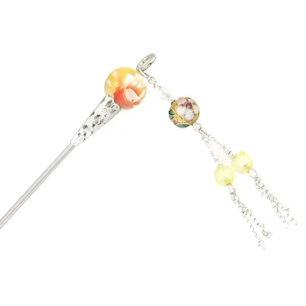 Cloisonne Bead Hair Stick with Tassels 7"