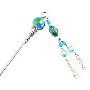 Cloisonne Bead Hair Stick with Tassels 7"