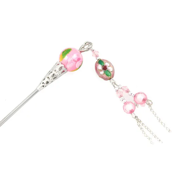 Cloisonne Bead Hair Stick with Tassels 7"