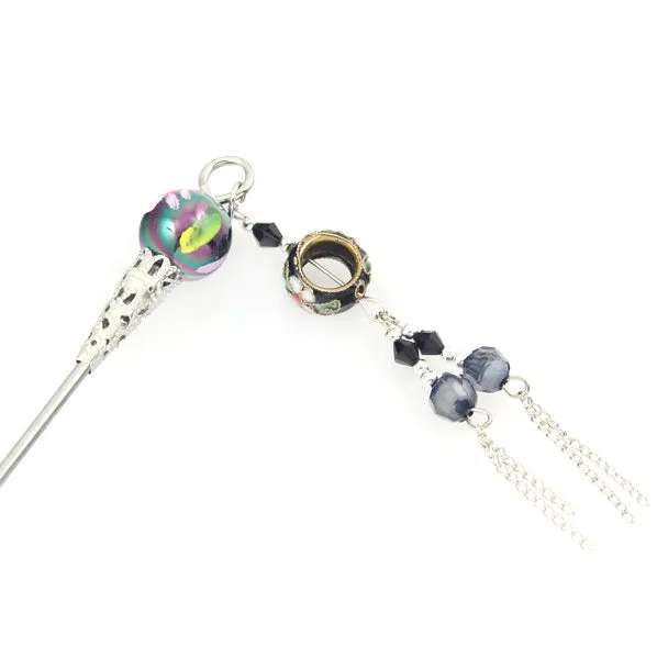 Cloisonne Bead Hair Stick with Tassels 7"