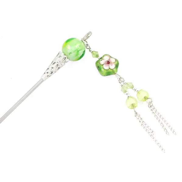 Cloisonne Bead Hair Stick with Tassels 7"