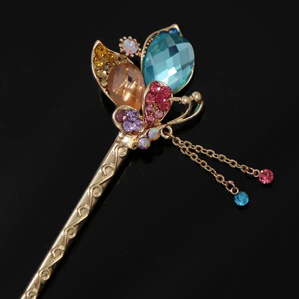 Colorful Rhinestone Butterfly Gold Finish Hair Stick w/ Tassels