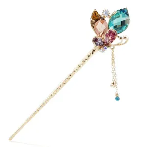 Colorful Rhinestone Butterfly Gold Finish Hair Stick w/ Tassels