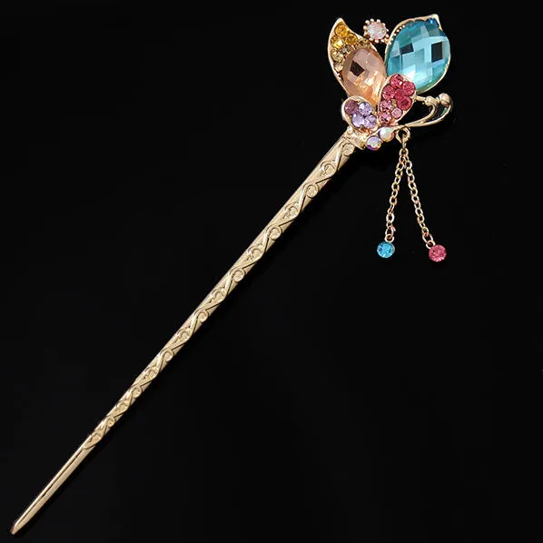 Colorful Rhinestone Butterfly Gold Finish Hair Stick w/ Tassels