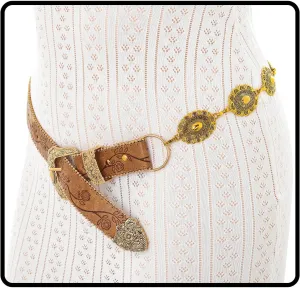 Concho West Belt Gold Adjustable Leather Metal Chain Waist Belt Women's Chic Accessories for Dress and Pants