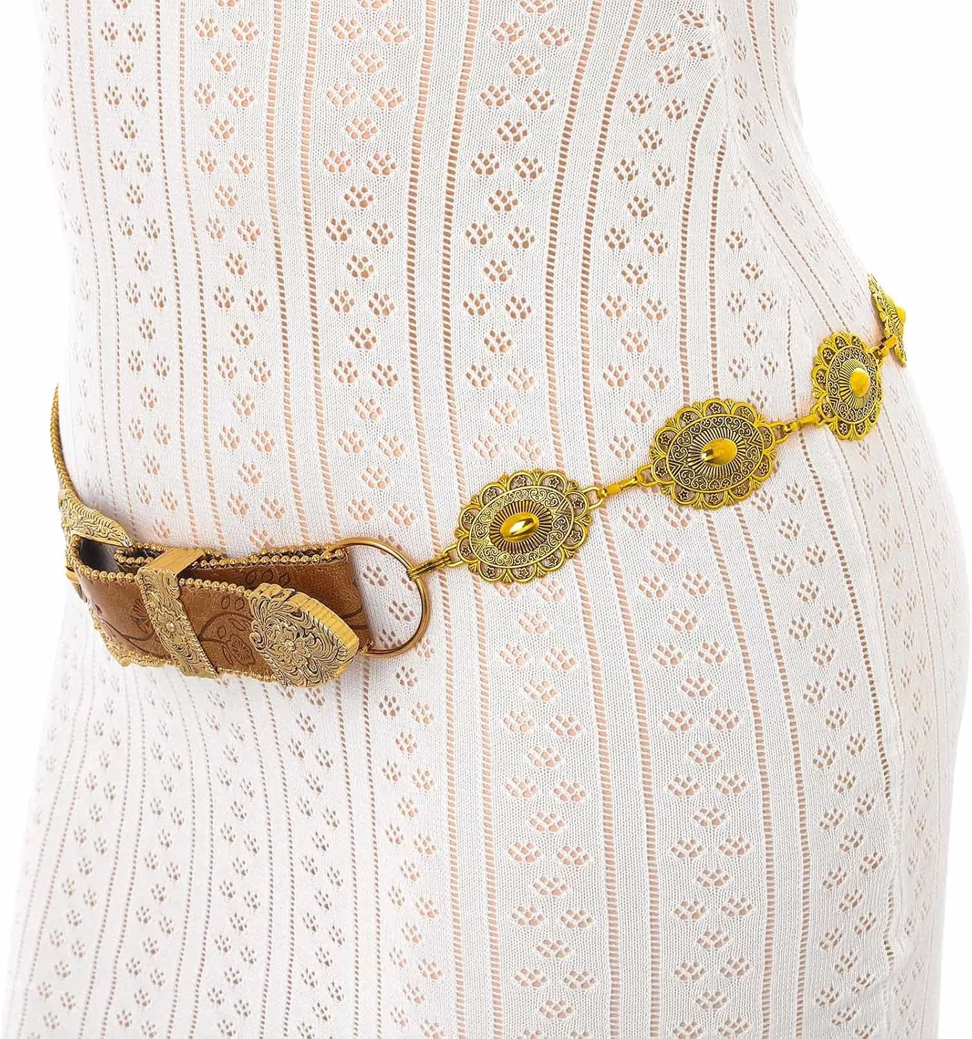 Concho West Belt Gold Adjustable Leather Metal Chain Waist Belt Women's Chic Accessories for Dress and Pants