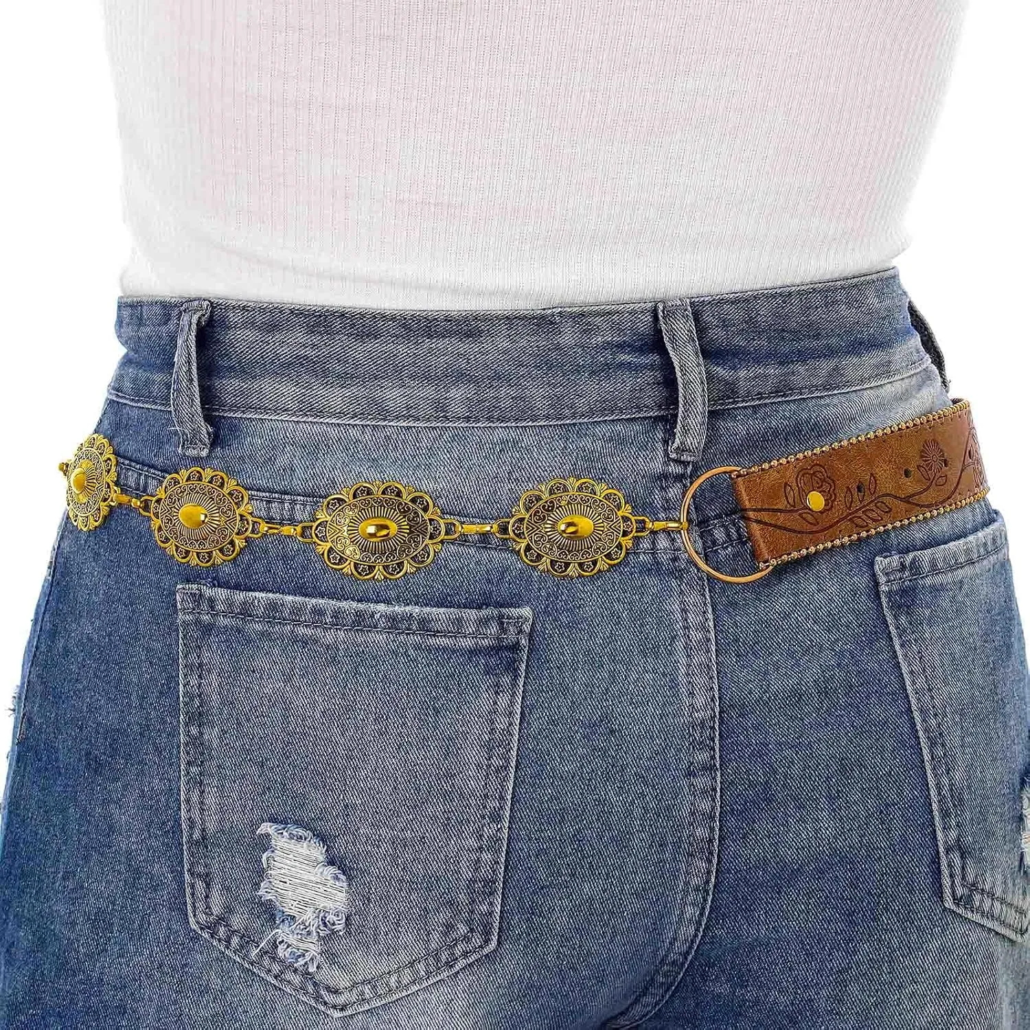 Concho West Belt Gold Adjustable Leather Metal Chain Waist Belt Women's Chic Accessories for Dress and Pants