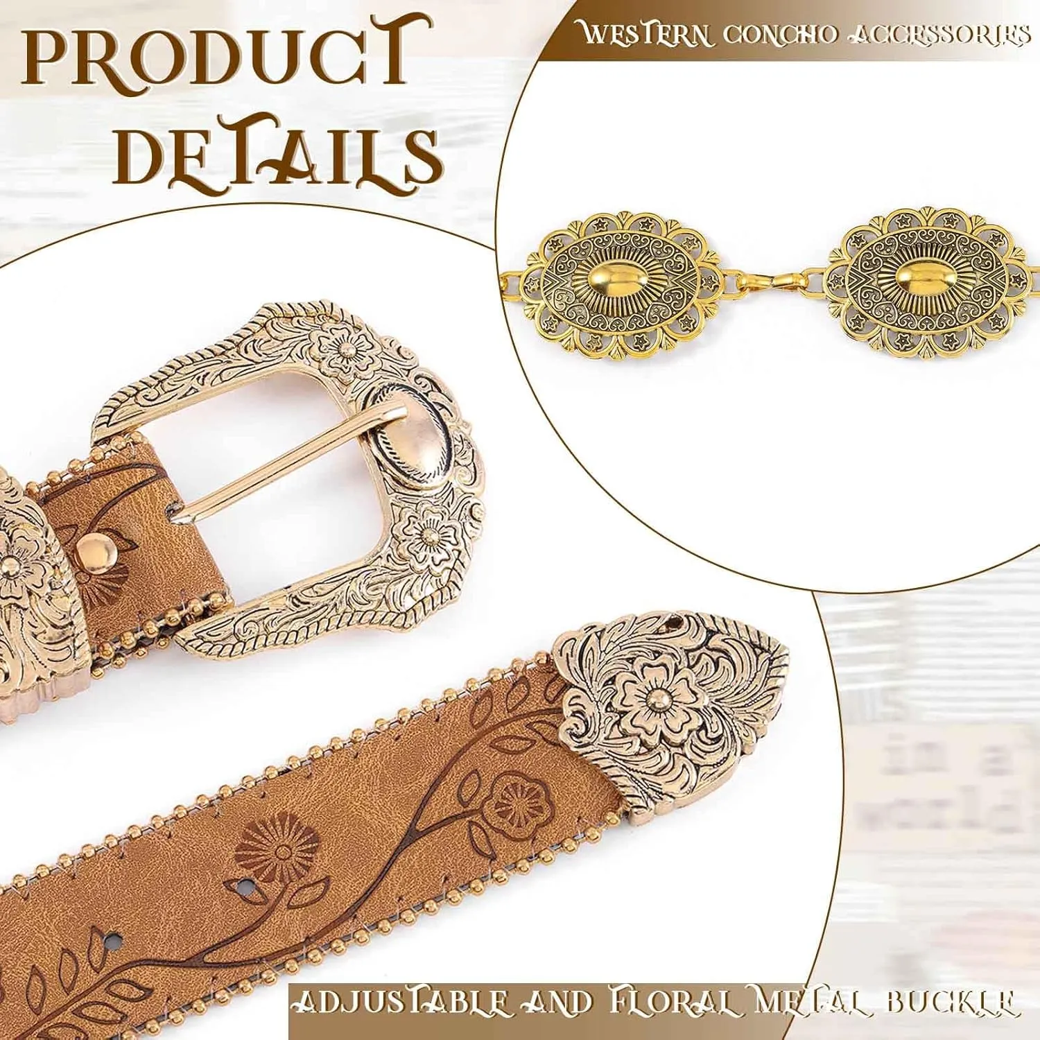 Concho West Belt Gold Adjustable Leather Metal Chain Waist Belt Women's Chic Accessories for Dress and Pants
