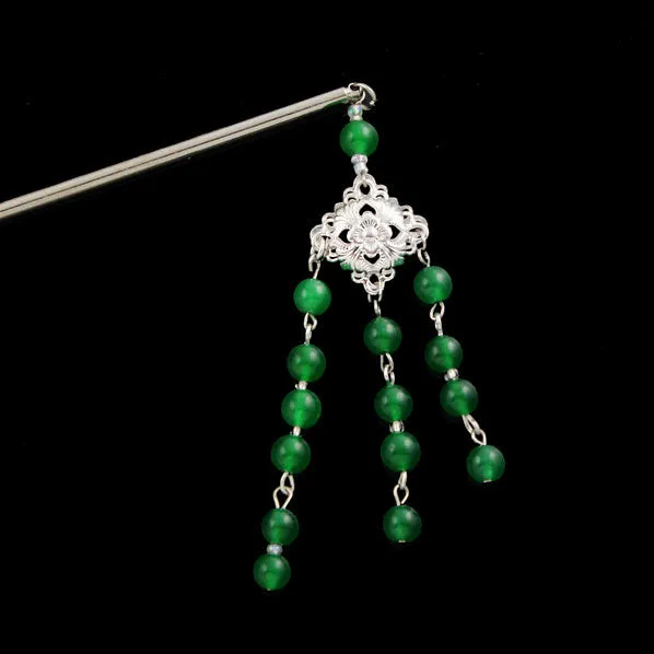 Diamond Shape Filigree Focal w/ Gemstone Tassels Hair Stick