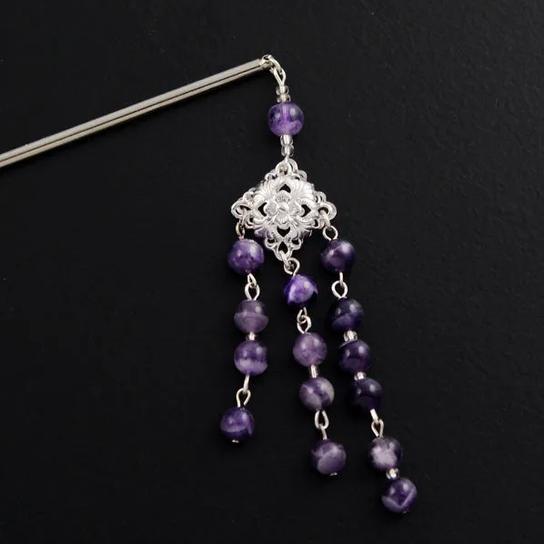 Diamond Shape Filigree Focal w/ Gemstone Tassels Hair Stick
