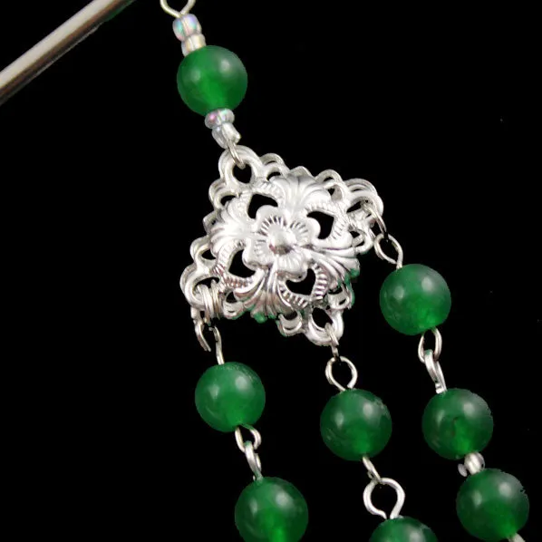 Diamond Shape Filigree Focal w/ Gemstone Tassels Hair Stick