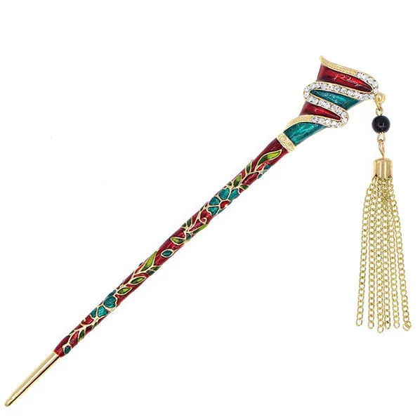 Enamel Abstract Design Floral Hair Stick w/ Rhinestones and Tassels