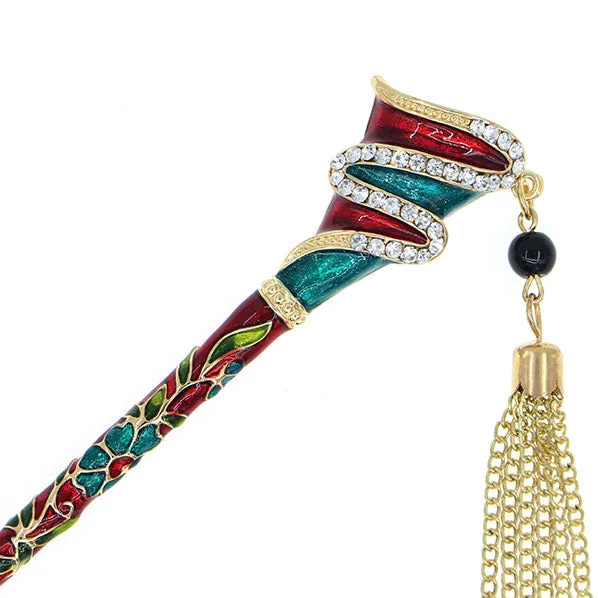 Enamel Abstract Design Floral Hair Stick w/ Rhinestones and Tassels