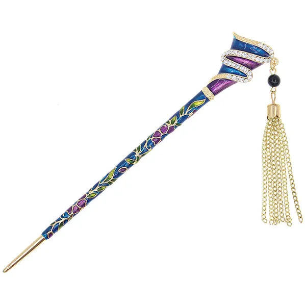Enamel Abstract Design Floral Hair Stick w/ Rhinestones and Tassels